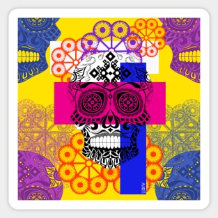 skull o mania in ñanduti patterns, with lovely and smiley catrinas Sticker